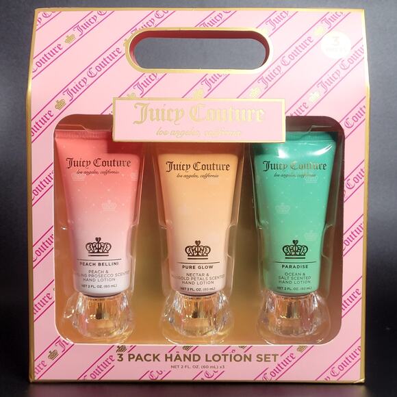 Juicy Couture 3 Pack Hand Lotion Set Peach Bellini Pure Glow Paradise 2 oz Each - Picture 1 of 8